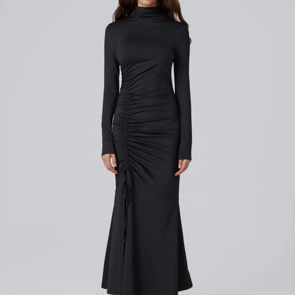 STAND COLLAR SOLID DRAWSTRING MERMAID MAXI DRESS - Picture 1 of 4